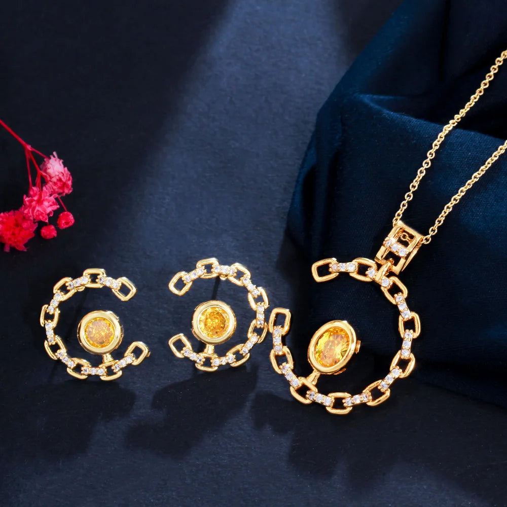 Chic Round 18k Gold Plated Yellow Cubic Zirconia Fashion Jewelry Set Stud Earring and Link Necklace for Girl Gift