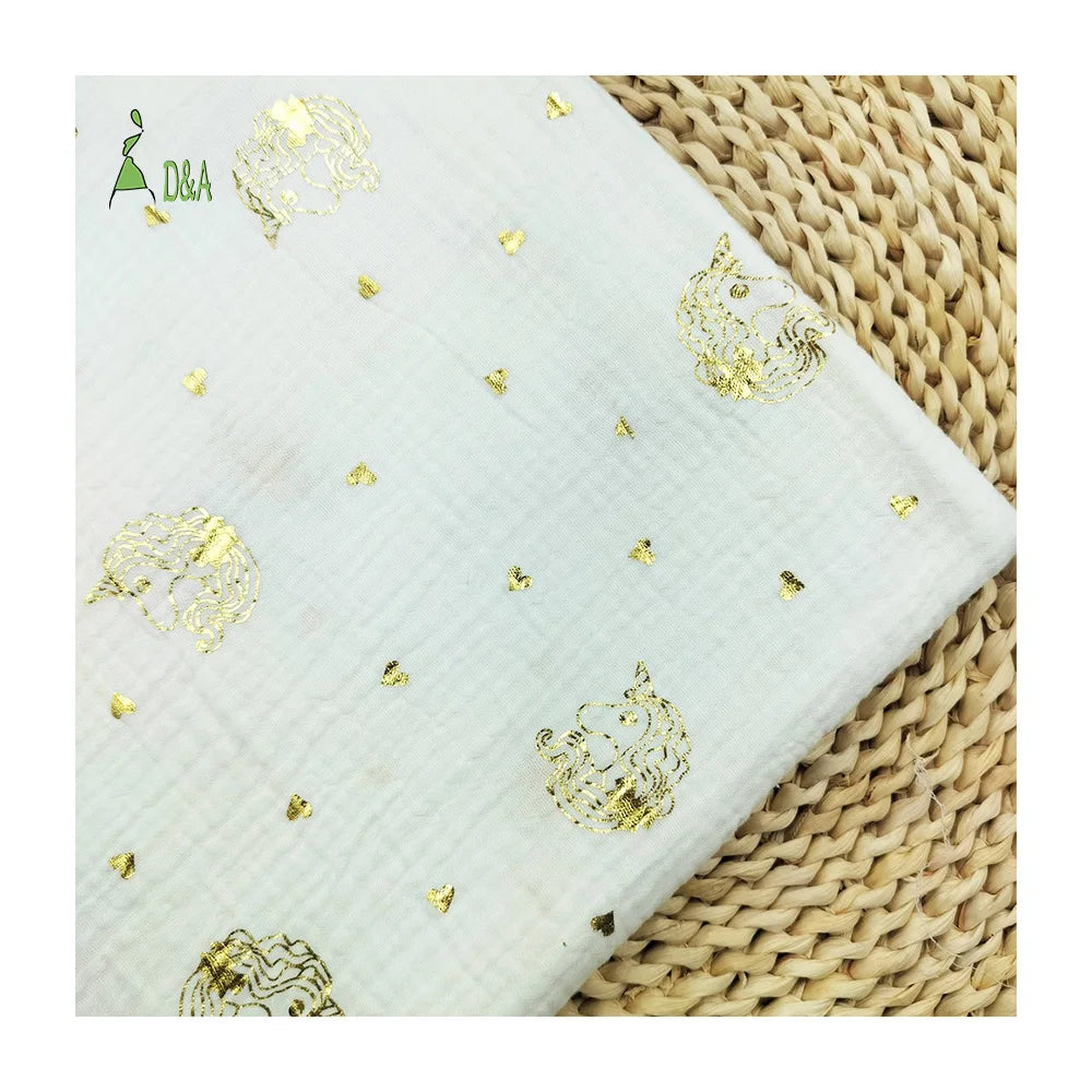 Cute Unicorn Gold Print 100% Organic Cotton Muslin Fabric Lightweight Double Gauze Crepe for Girls and Boys Clothing