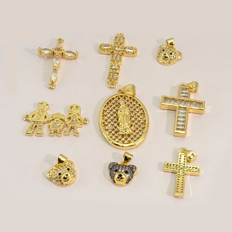 CZ8752 Dainty 18k Gold Plated Cute CZ Cubic Zirconia Cross Bear Charm Bracelet Connector Zircon Cross Pendant