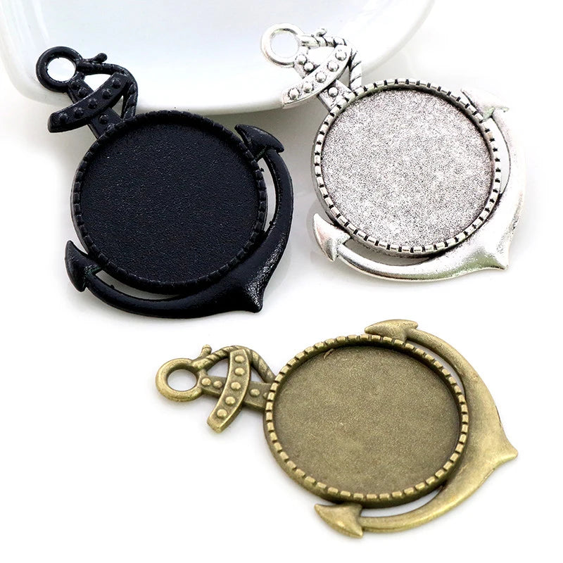 25mm Inner Size Black Antique Silver Plated Bronze Vintage Cabochon Base Setting Charms Pendant Blank Bezel Trays