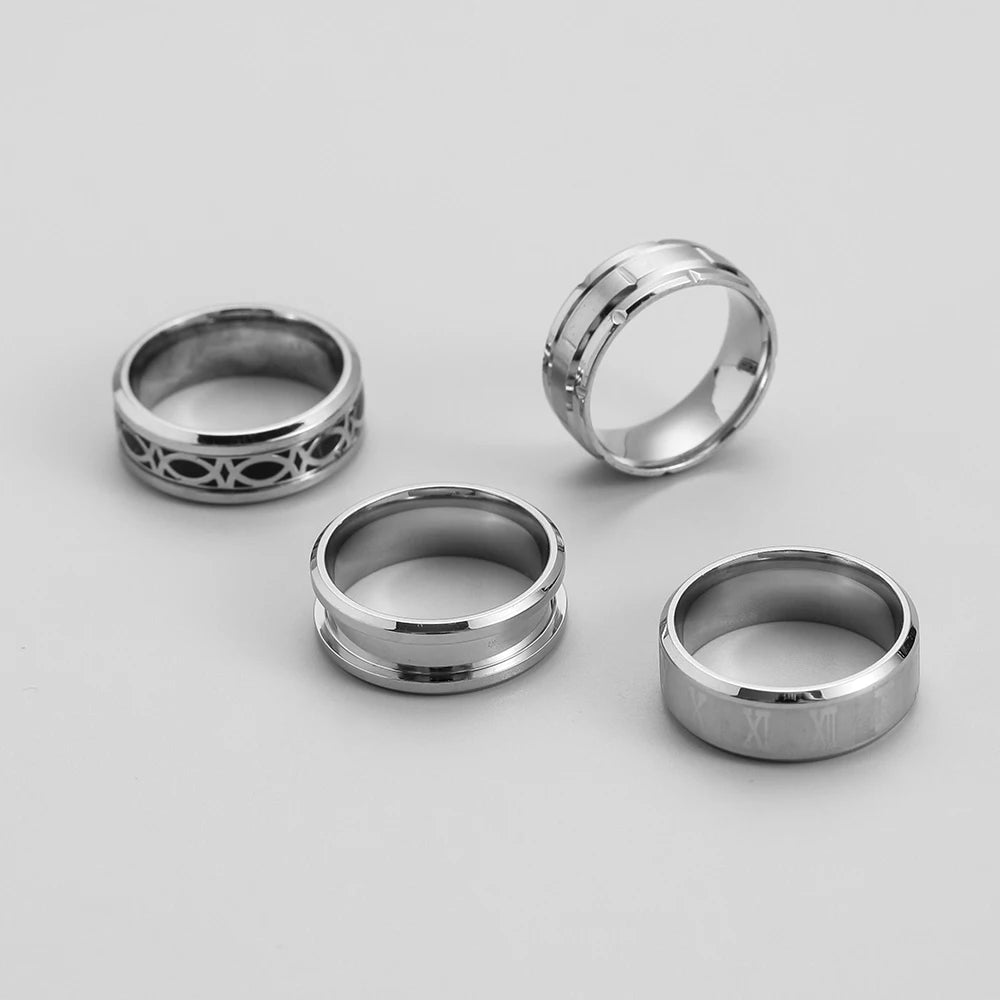 4pcs/set Fashion Stainless Steel Punk Roman Number Ring Set Black Hip Hop Men Rings Wholesale
