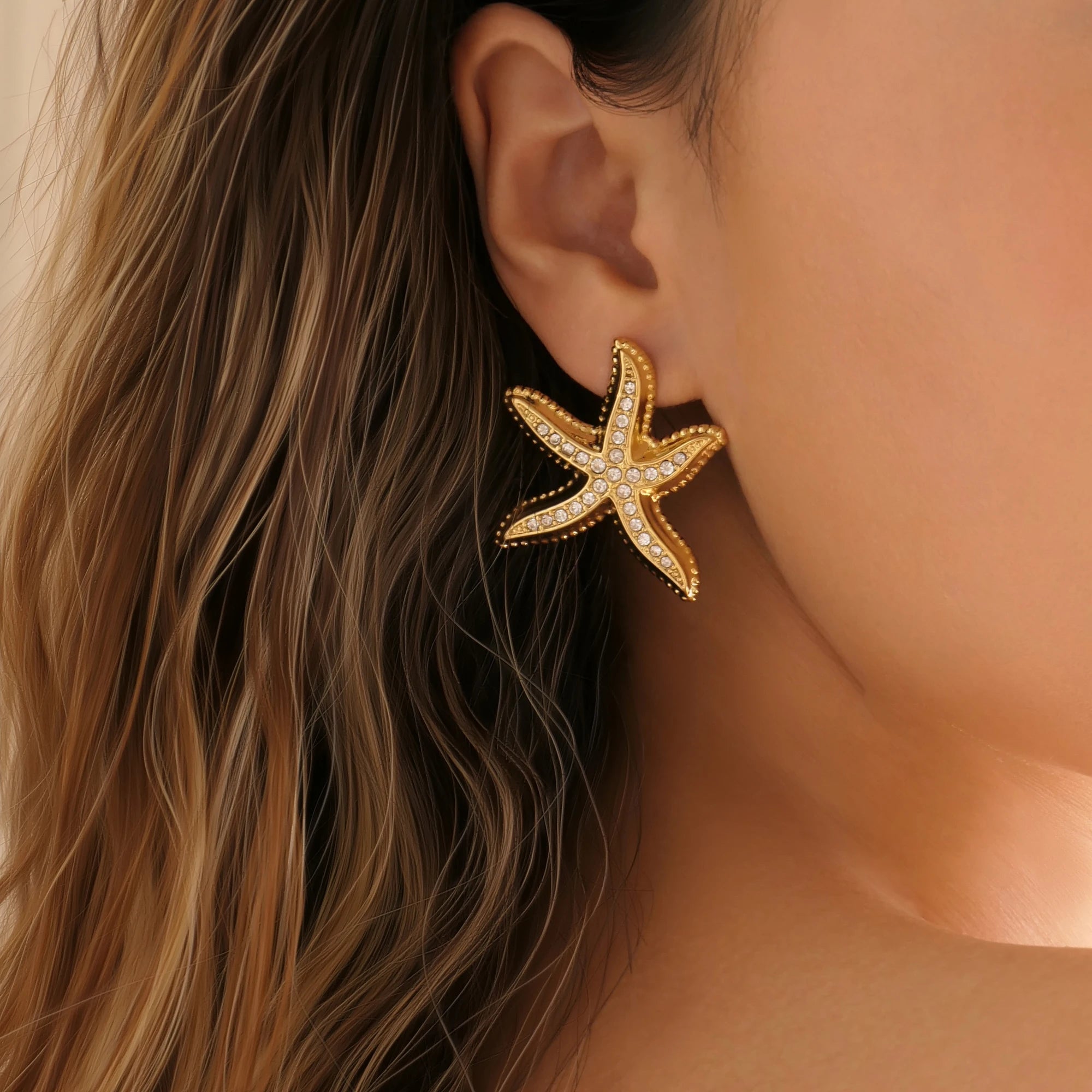 NEW BOHO STARFISH CLEAR ZIRCON EARRINGS Dazan Summer INS 18k Gold Plated Hypoallergenic Stainless Steel THEATER PROPS JEWELRY