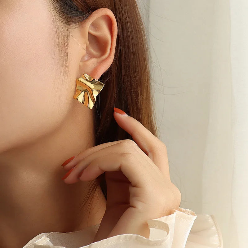 Luxury Irregular Square Stud Earrings 18k Gold Plated Jewelry Stainless Steel Earrings for Women Girls