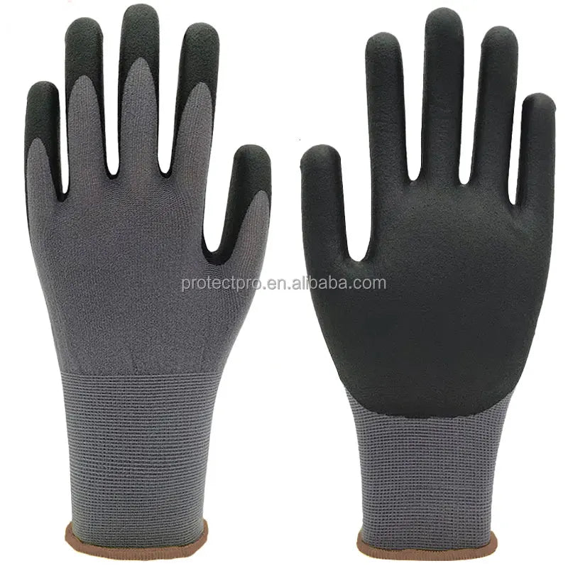 15 Gauge Knitted Gray Nylon Spandex Oil Resistant Good Grip Anti Slip Comfort Garden Men Work Gloves Foam Nitrile Coated
