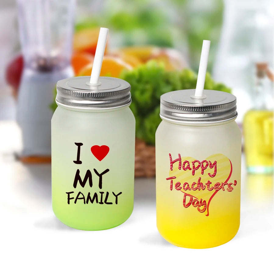 Topjlh Sublimation Blanks Glass Drinking Cup Mason Jar Frosted Glass Tumbler With Lid and Straw for Gifts