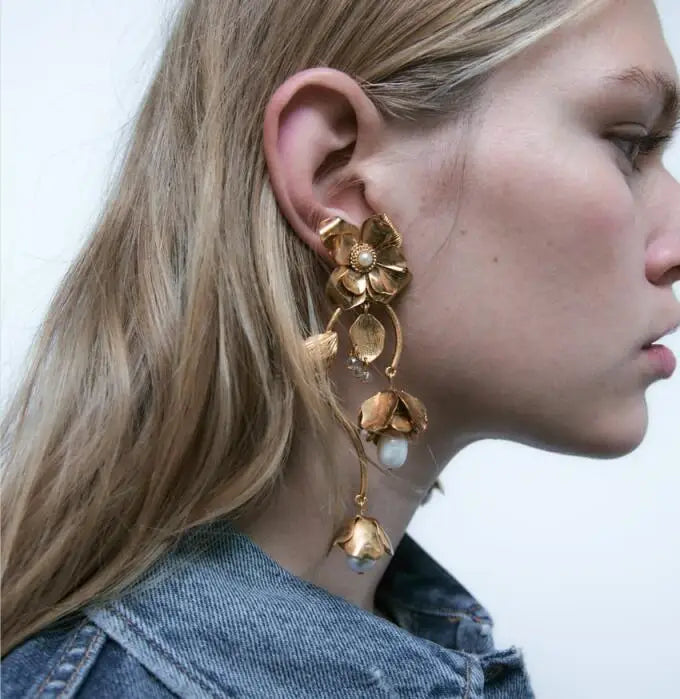 ZA New Design Metal Gold Multi-Layer Leaf Flower Pearl Tassel Earrings Women Vintage Big Dangle Earrings Banquet Party Jewelry