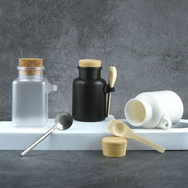 Stocks Empty Cosmetic Packaging Round/Square Body Scrub 100ml 200ml 300ml 500ml Abs Plastic Bath Salt Bottle With Cork Wooden Sp