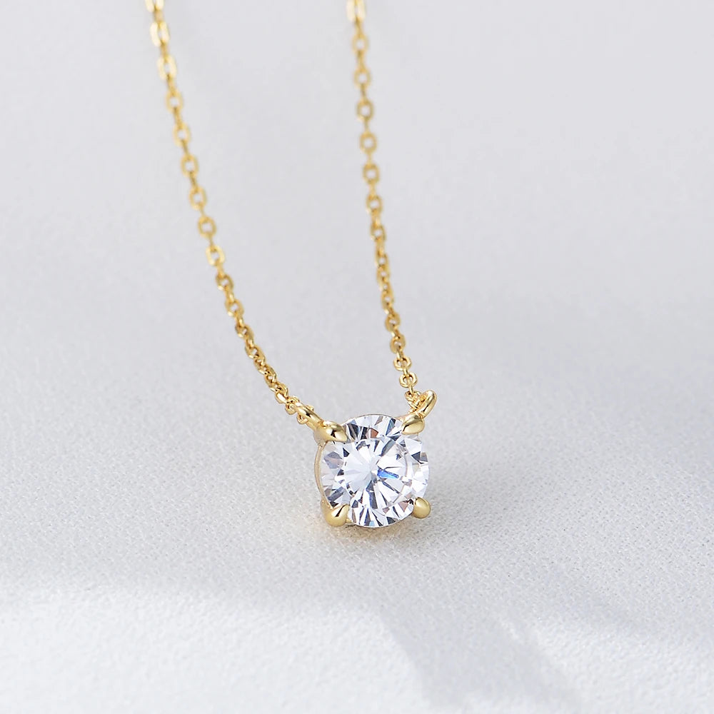 Luxury S925 Sterling Silver Plated 14K Gold Pendant Necklace Round Zircon Ins Style Simple Clavicle Chain Necklaces for Women