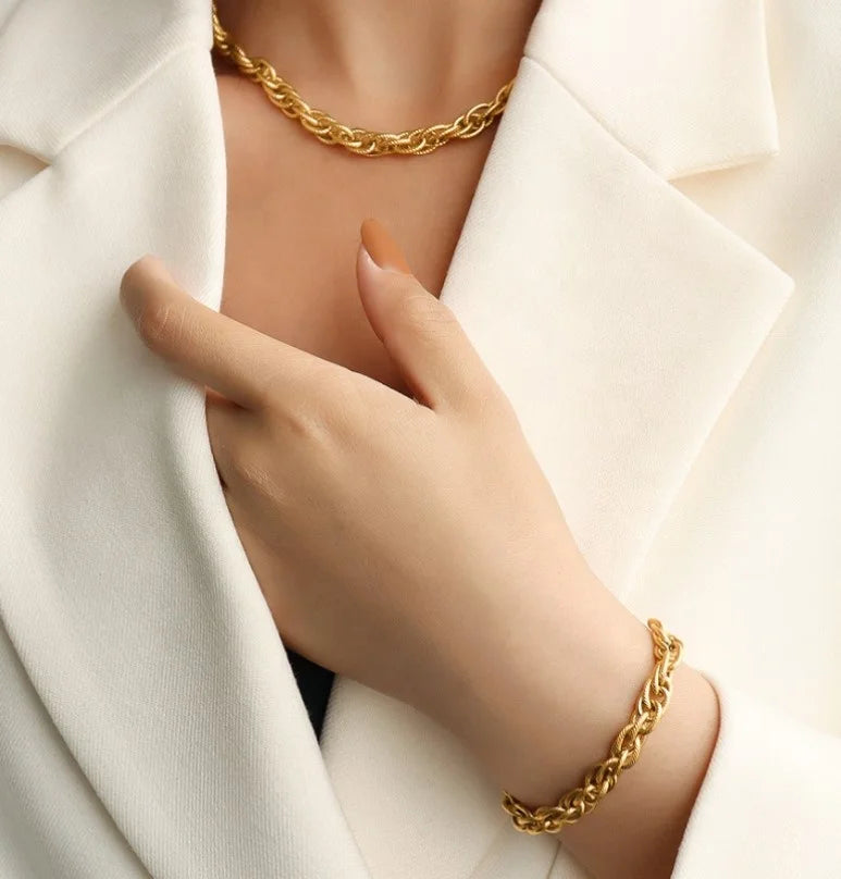 Women 18k Gold Plated Stainless Steel Hip Hop Braided Twisted Chain Bracelet and Necklace Set