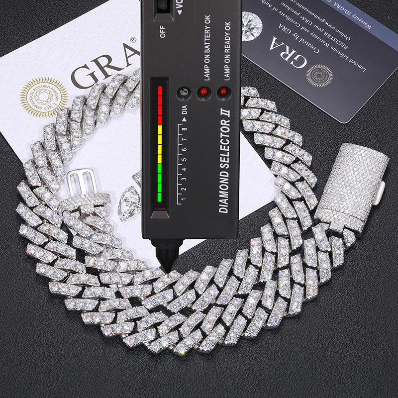 Cubana Hip Hop Jewelry Bling 20mm Sterling Silver 1 Row VVS Moissanite Diamond Iced Out Miami Cuban Link Chain Necklace
