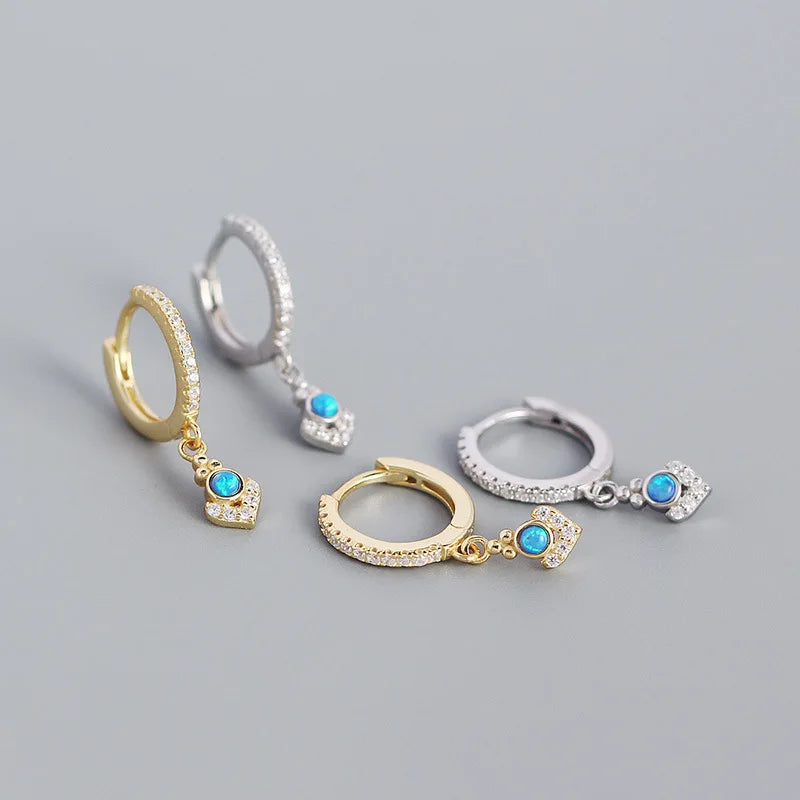 Bohemian Style Jewelry Blue Opal Earrings 925 Sterling Silver Gold Plated Cz Huggie Hoop Earrings