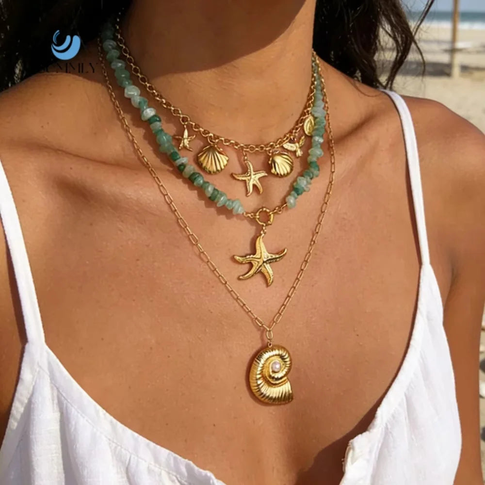 SUMMLY Layered Beach Necklaces for Women 18K Gold Plated Starfish Pendant Natural Stone Beads Choker Summer Ocean Jewelry