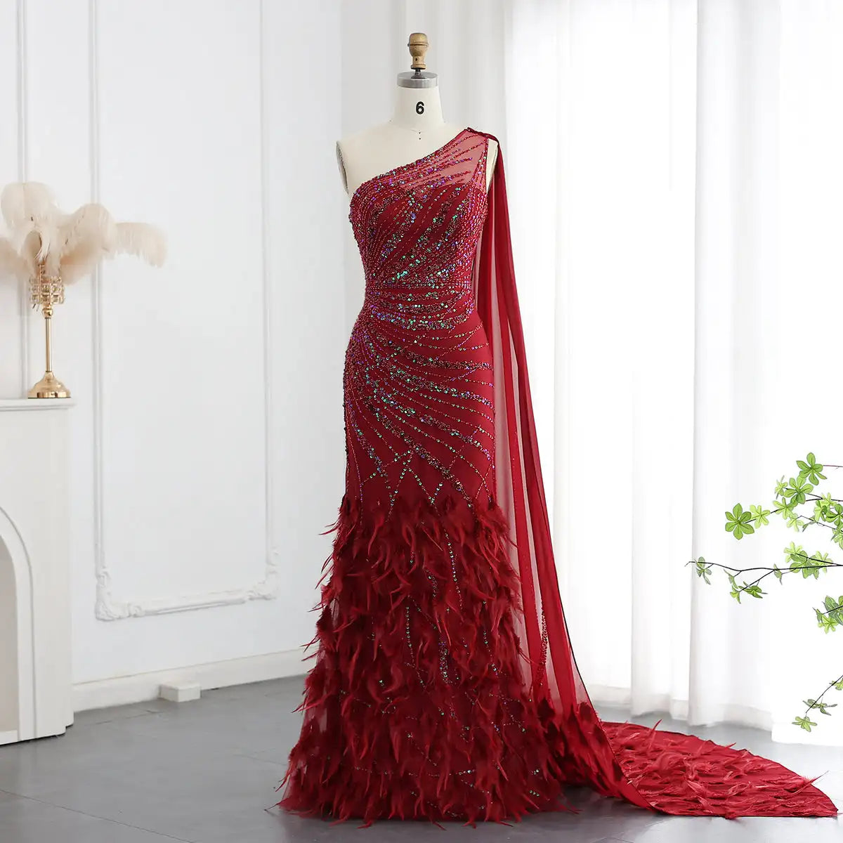 Jancember SZ498 Vintage Red Feather One Shoulder Evening Party Dresses