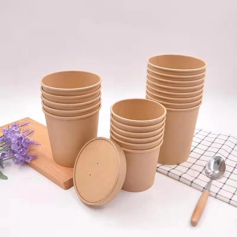 New Style Disposable Kraft Paper Bowl Flat Square Kraft Paper Food Box Take Out Paper Bowl with Lid
