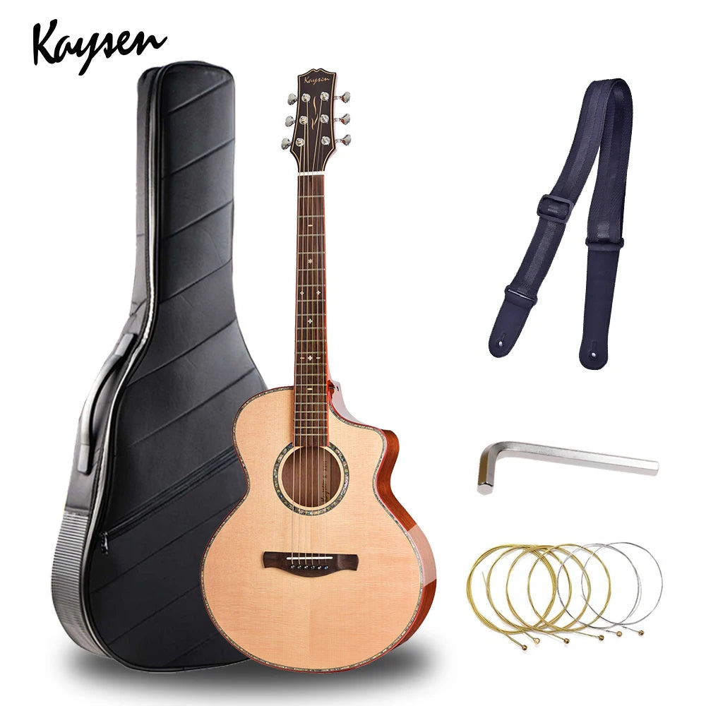 Kaysen 36'' All Solid Wood Acoustic Travel Guitar With Gig Bag Accessories Kit