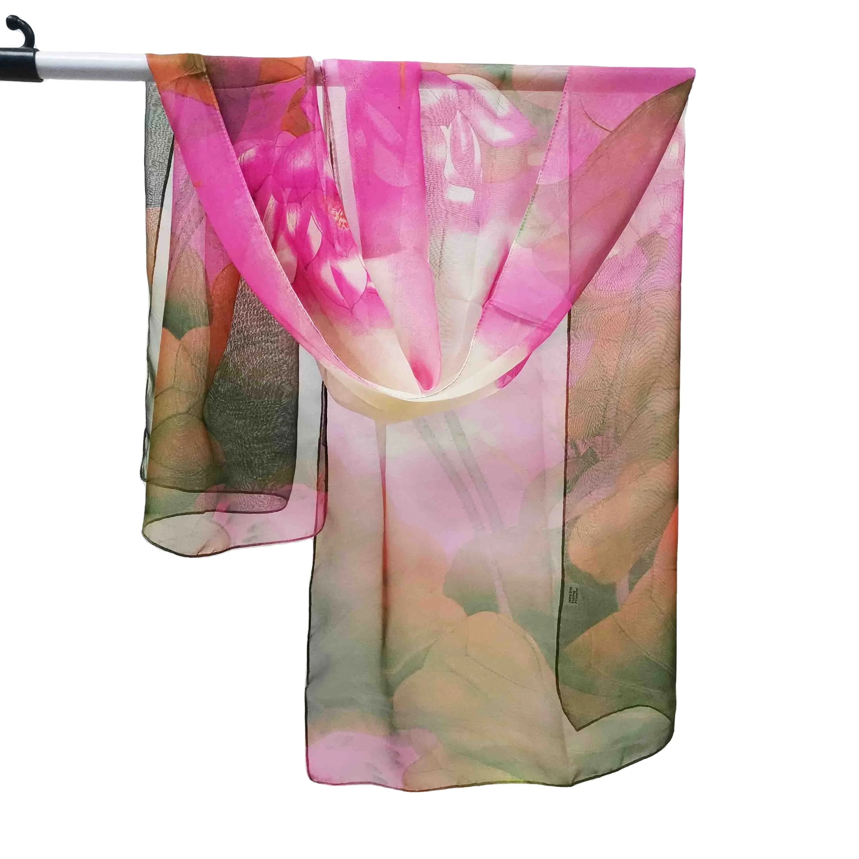 Summer Sunscreen Thin Printed Floral Silk Chiffon Georgette Scarf Silk Scarves Shawl for Women