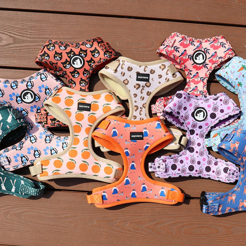 Lovecolour Custom Design 6pcs Soft No Pull Pet Vest Neoprene Reversible Dog Bowtie Bandana Collar Leash Harness Set