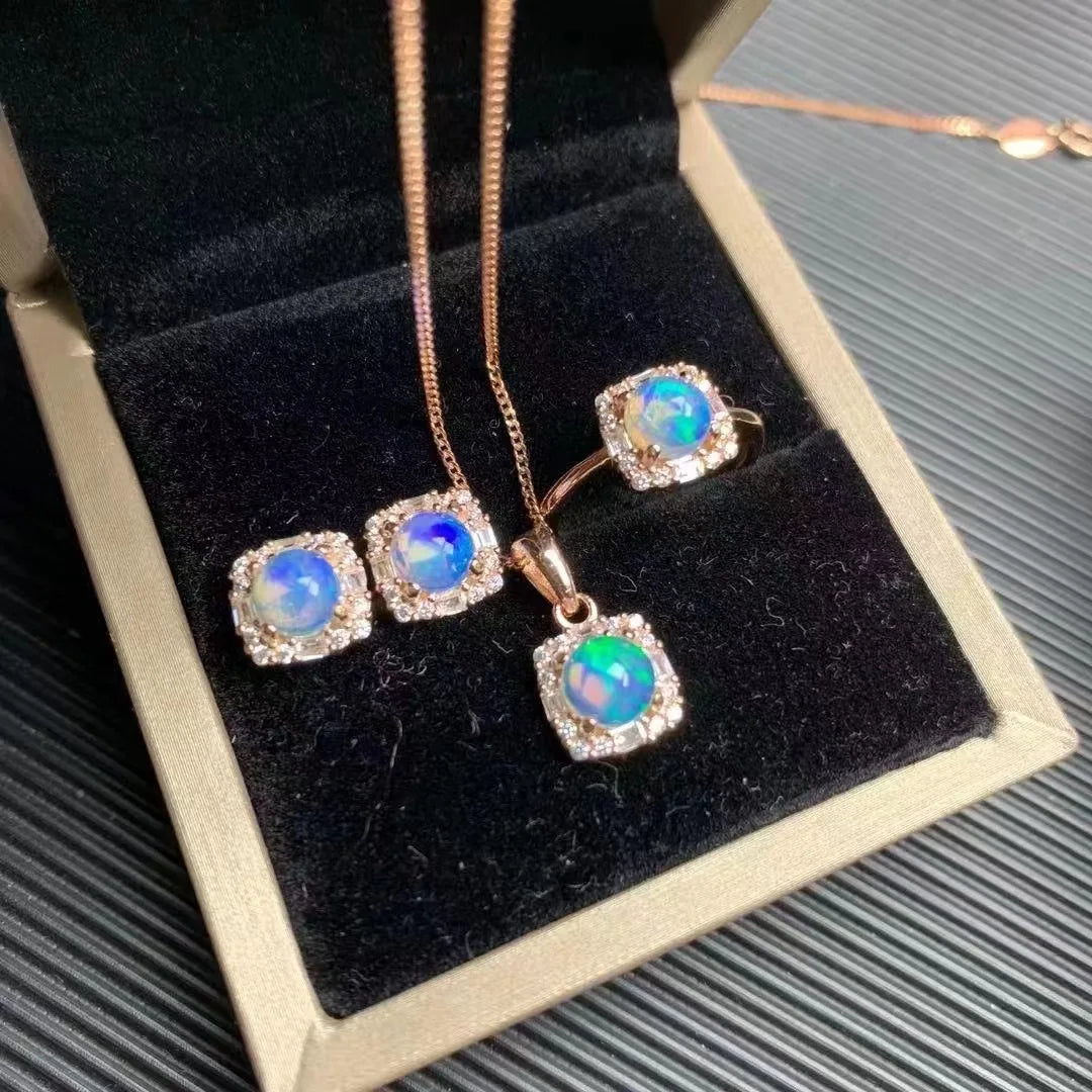 Simple 925 Sterling Silver Natural Opal Pendant Necklace Fashionable Indian Jewelry Sets for Women Gold Plated for Parties