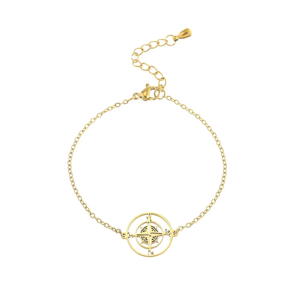 High Quality Polished Gold Plated Stainless Steel Round Compass Bracelet for Women Girls Classic Style with Chain Link Fashion