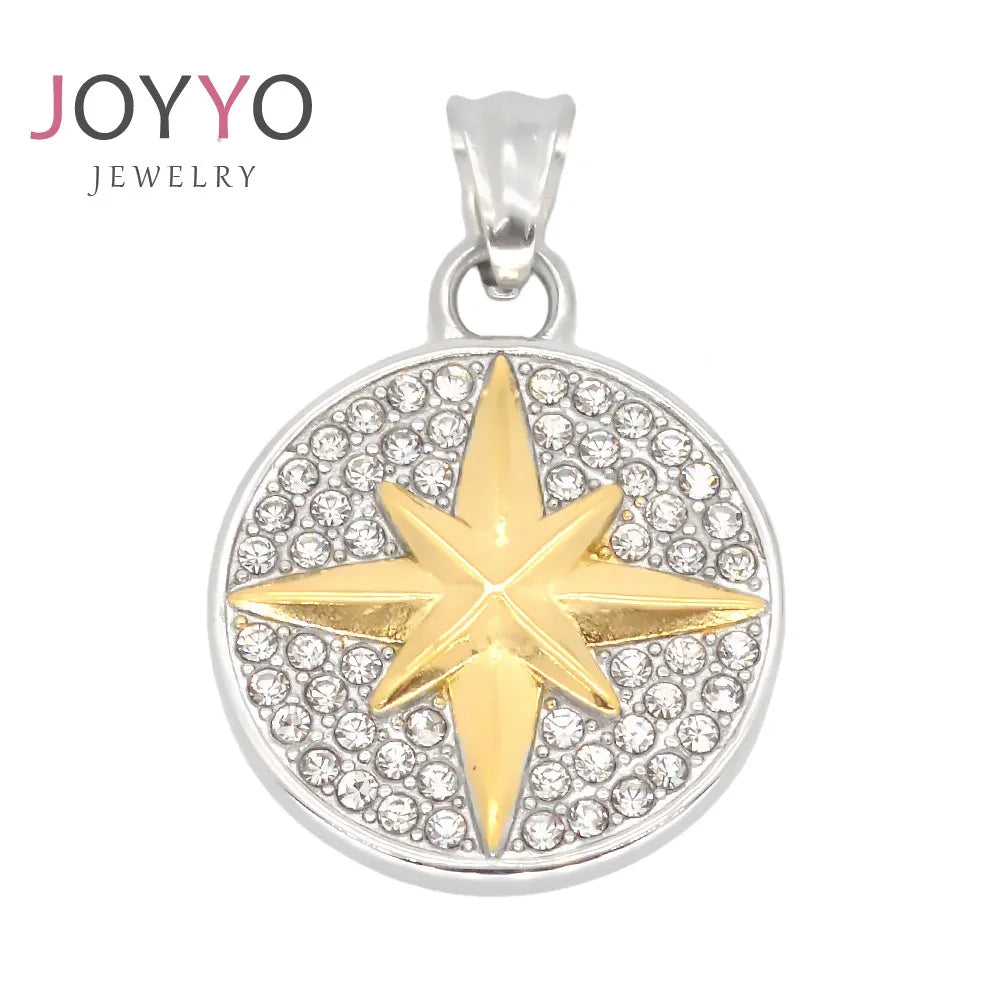 New Diamond Compass Round Pendant Hip Hop Versatile Titanium Steel Necklace Personalized Pendant