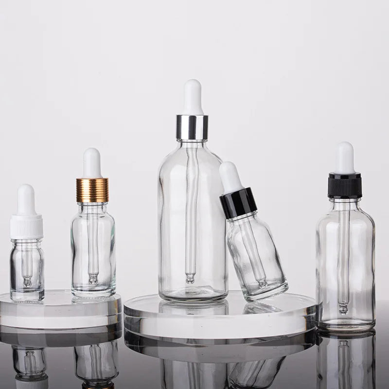 Classic Type Empty 5ml 10ml 15ml 20ml 30ml 1oz  50ml 100ml Transparent Essential Oil Glass Dropper Bottles with Different Lids