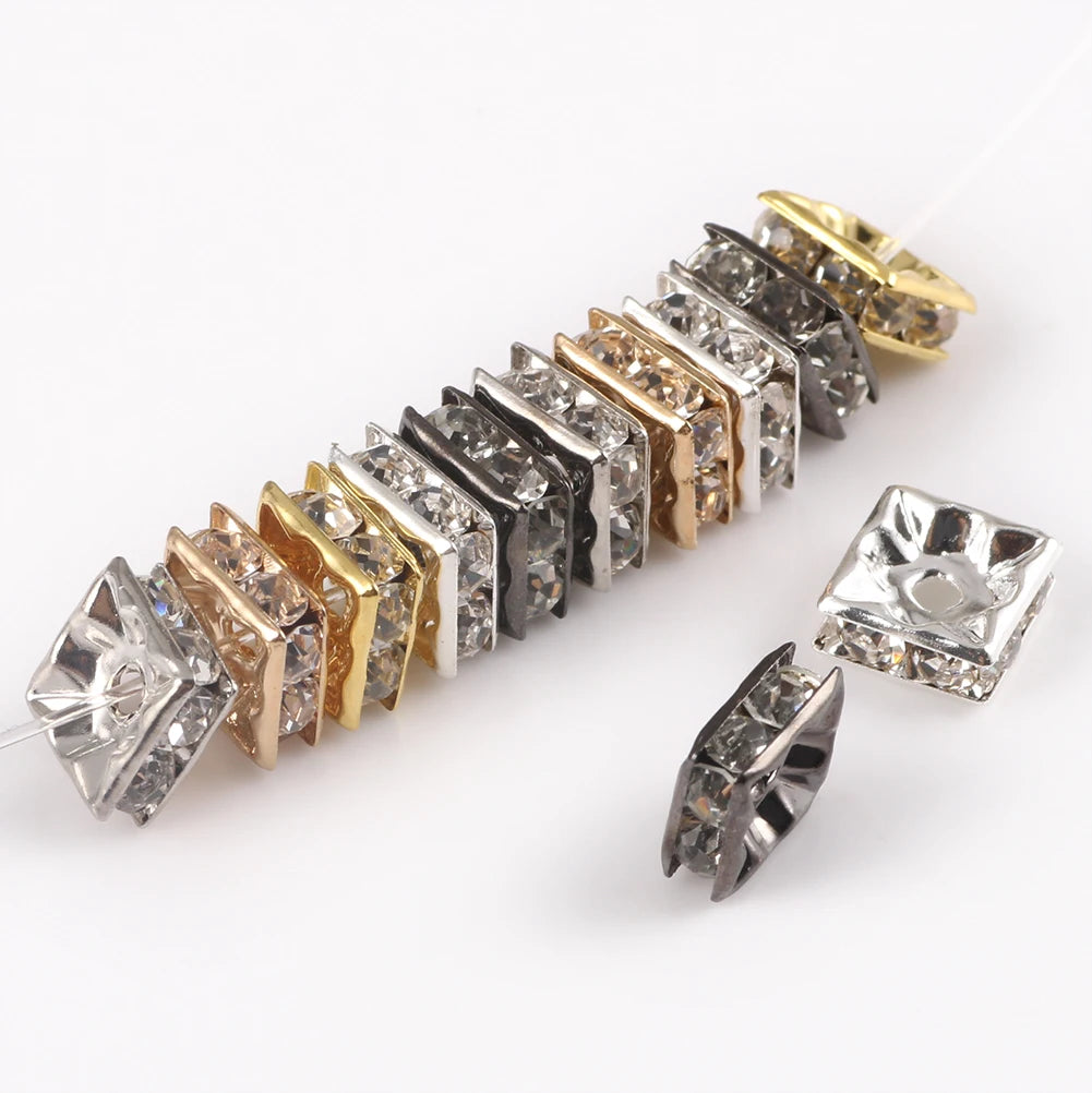 Wholesale 6/8mm Mixed Color Square Shape Metal Rhinestone Rondelle Spacer Beads for Jewelry Making