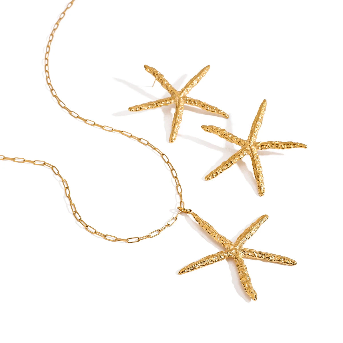 J&D Ocean Style 18K Gold Stainless Steel Summer Beach Waterproof Hammered Starfish Charm Necklaces