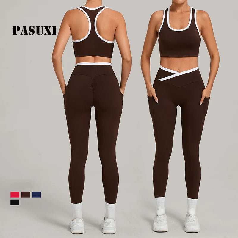 PASUXI Contrast Color Yoga Set High Stretch Athletic Backless Sports Bra and Biker Shorts 2 Piece Gym Outfit for Women Fitness MegaBDM