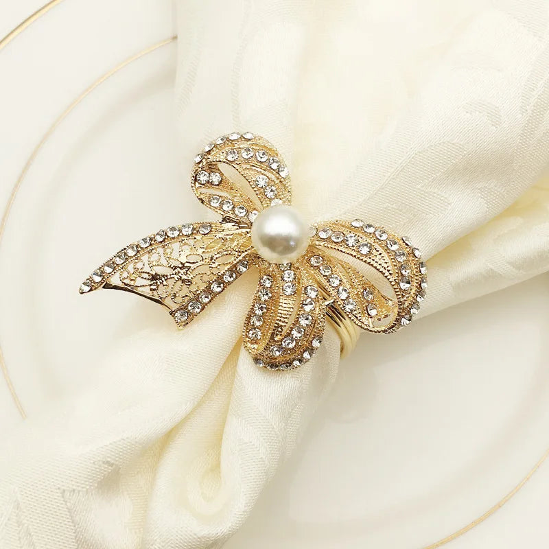 Hot Selling Gold Napkin Holder With Bead Bow Napkin Rings Metal Table Accessories for Parties and Weddings Stocked Feature