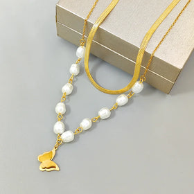 Trendy Luxury Gold Plated Stainless Steel Chain Double Layers Butterfly Pearl Pendant Necklace for Women Titanium Steel Jewelry