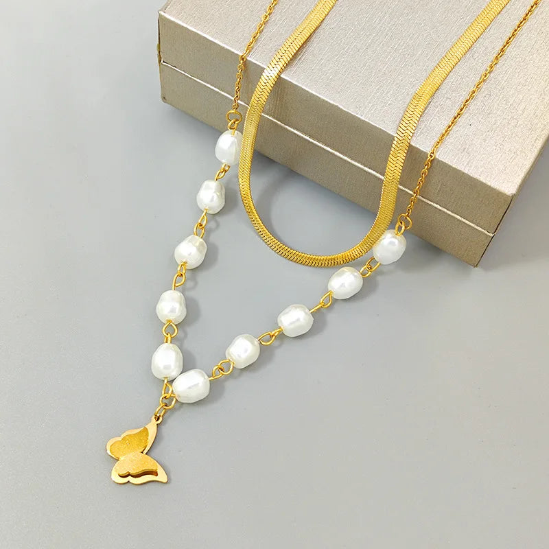 Trendy Luxury Gold Plated Stainless Steel Chain Double Layers Butterfly Pearl Pendant Necklace for Women Titanium Steel Jewelry
