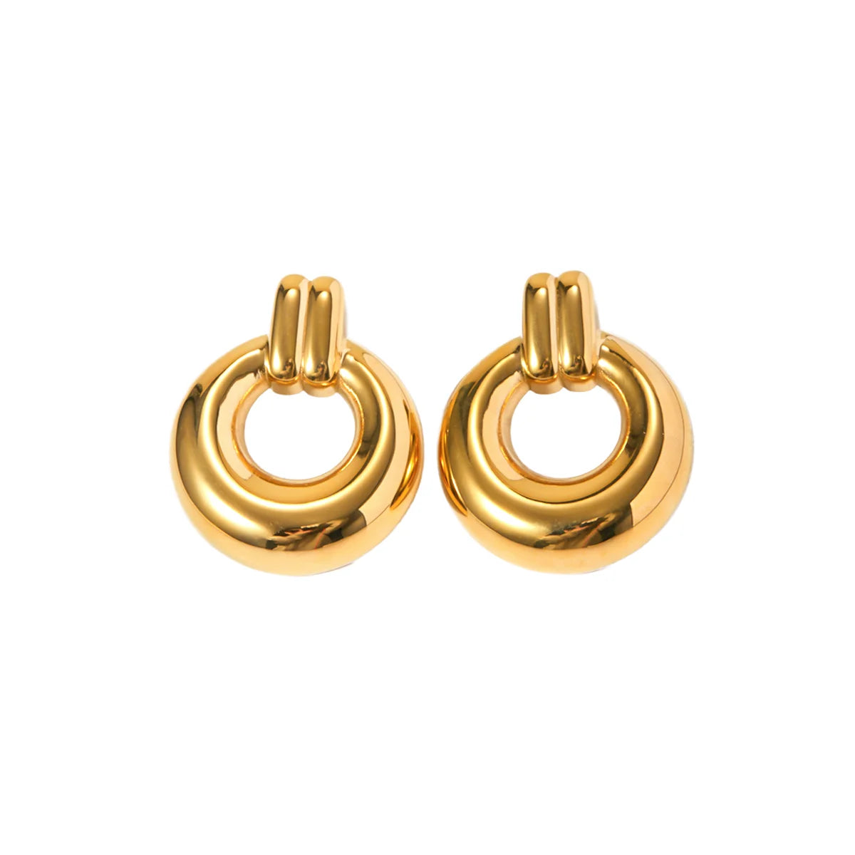 18K PVD Gold Plated Geometric Round Circle Line Stainless Steel Drop Earrings with Diamonds for Wedding or Engagement