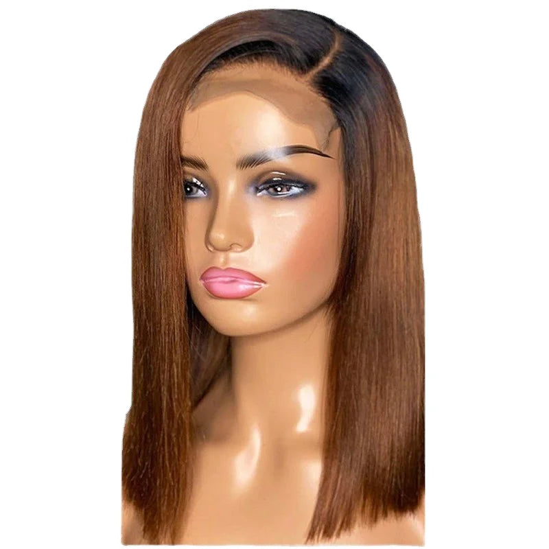 European and American Wig Africa Black Brown Gradient in Short Straight Hair Synthetic Fiber High Temperature Silk Hair Set