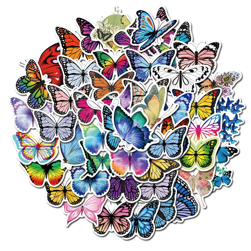 50pcs Colorful Lovely Waterproof Butterfly Stickers Cartoon Style Laptop Decals Scrapbook Window Water Bottle Envelope Gift Pack