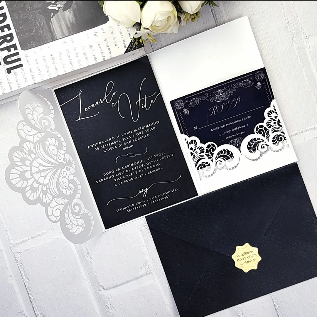 Black Tri Fold Luxury Wedding Invitation Card With Velvet Envelope for Quinceanera Cadeau Mariage Invit