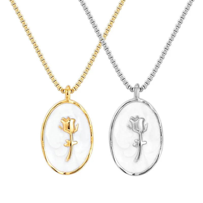 Ins Style Women White Shell Jewelry 14k Gold Plated Stainless Steel Box Chain Rose Flower Oval Pendant Necklace