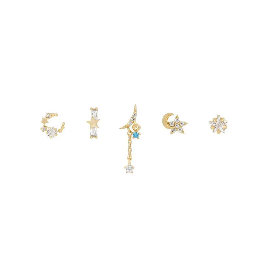 Star and Moon Stud Set Exquisite Brass Micro Inset Zircon Earrings Fashion Combination 18k Gold Brass Ear Stud for Women