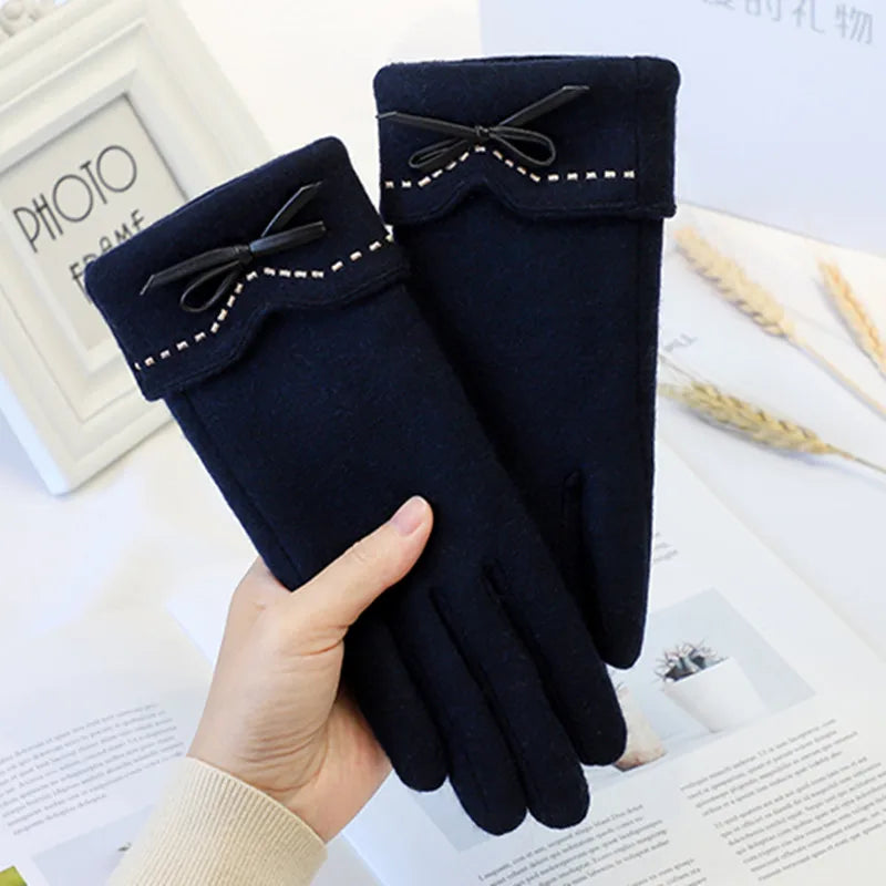 Hot Selling Leather Bow Knot Gloves Ladies Winter Thermal Gloves