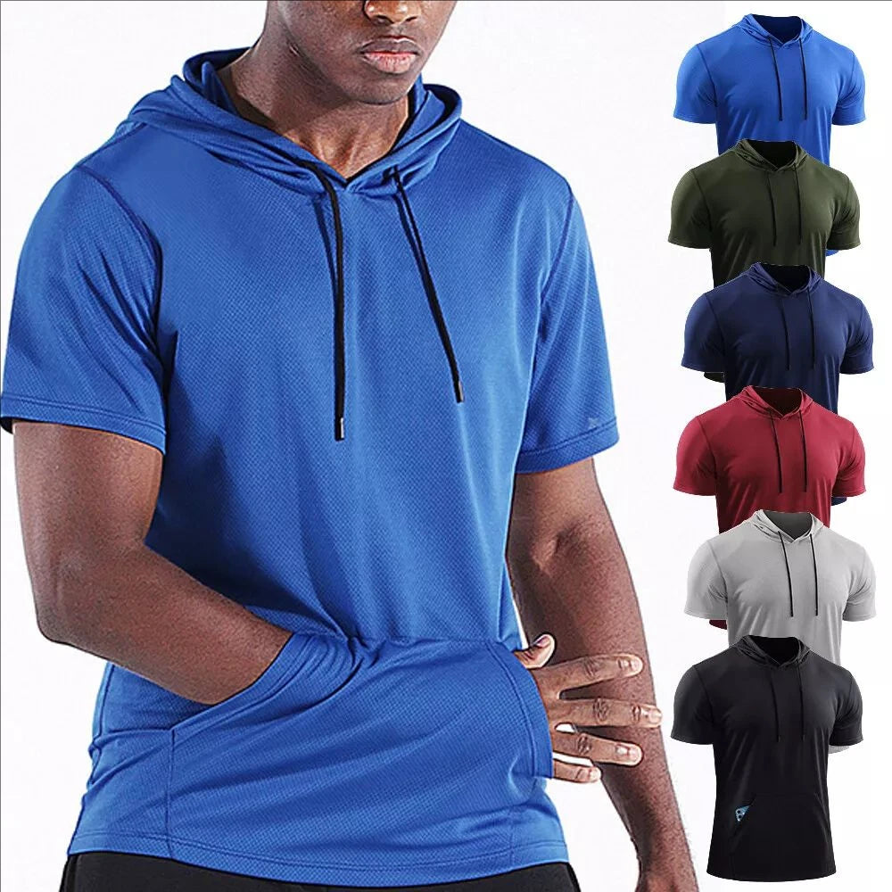 Plus Size High Elastic Breathable Workout Athletic Muscle Tank Top Short Sleeve Fitness Shirts with Hoods for Men