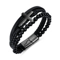 Luxury Jewelry Leather Cuff Bracelet Wristband With Stainless Steel Cross Magnetic Clasp Bracelet for Men Bangle