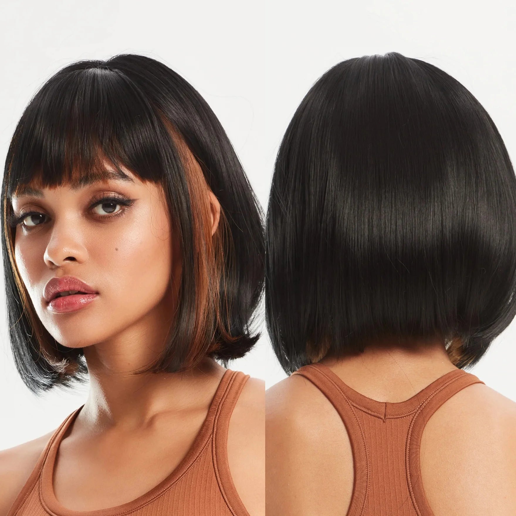 Immediate Delivery Short Straight Bob Synthetic Wigs Natural Black Highlight Red Brown Blunt Wig with Bangs for Women