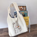 Women's Custom Lamb-Embroidered Crossbody Handbag Canvas Tote Purse with Bear Design Cute Girl Casual Shopper Bag