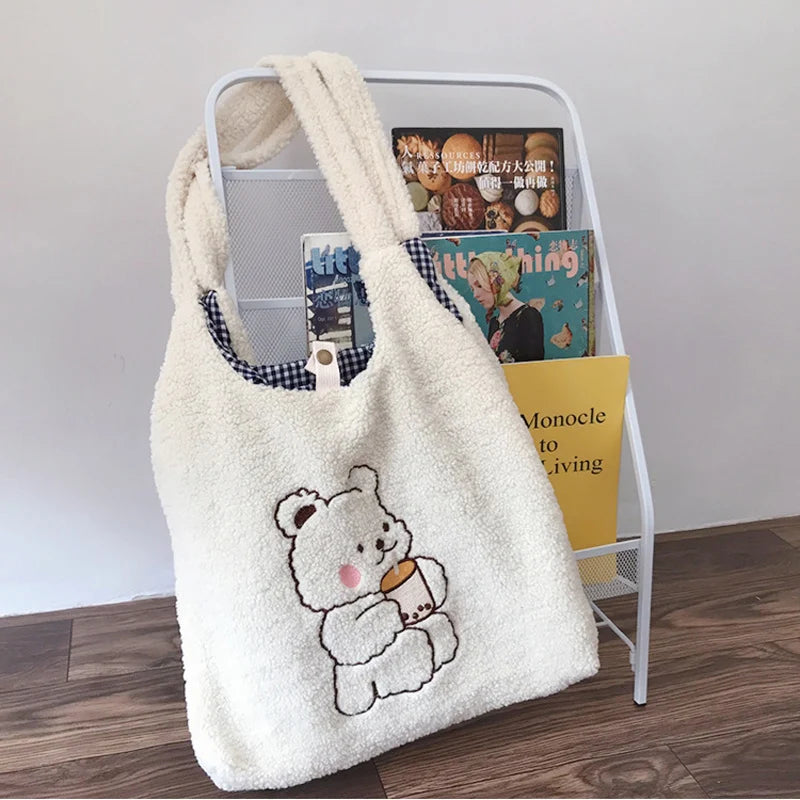 Women's Custom Lamb-Embroidered Crossbody Handbag Canvas Tote Purse with Bear Design Cute Girl Casual Shopper Bag