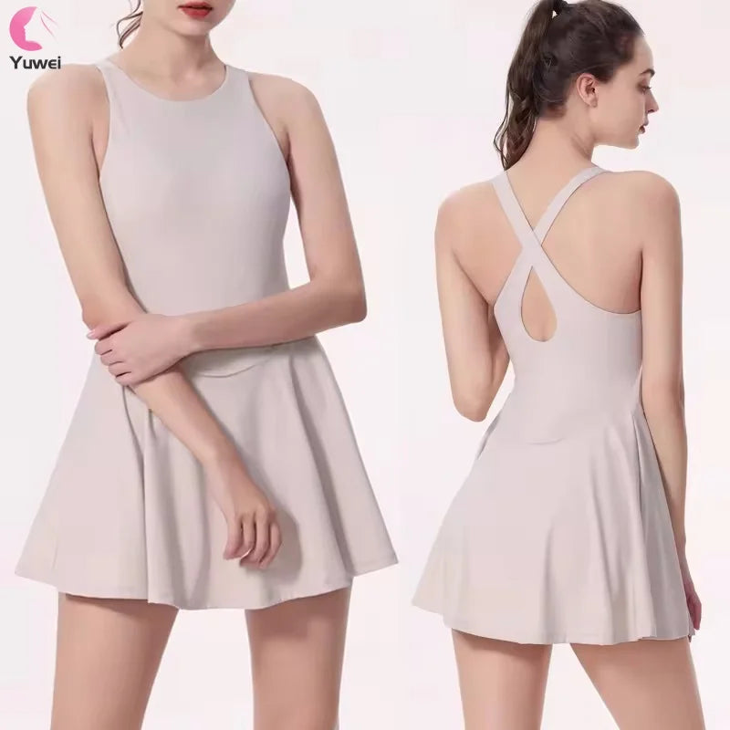Women's Workout Tennis Dress with Biker Shorts Exercise Apparel for Active Sports and Fitness Activities