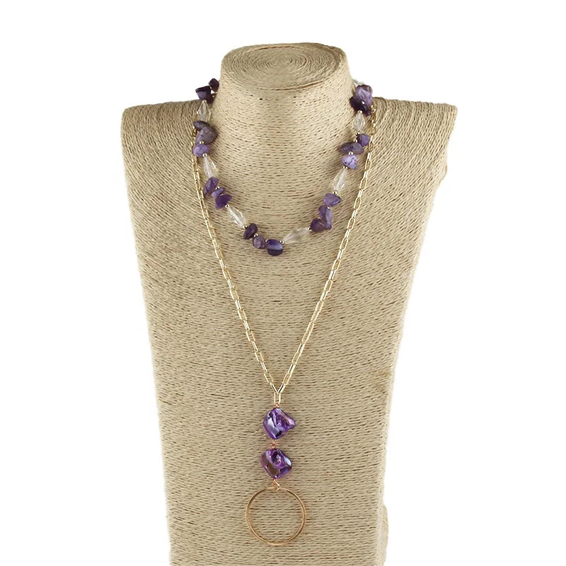 Wholesale Bohemia Style Necklace Golden Metal Chain Multicolor Shell Alloy Circle Necklace Chip Stone Glass Choker Necklace