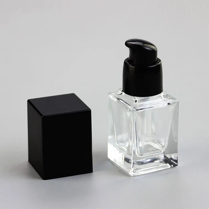 Wholesale Packaging 30ml 40ml square clear Empty Lotion Foundation Glass Cosmetic Bottle With Pump