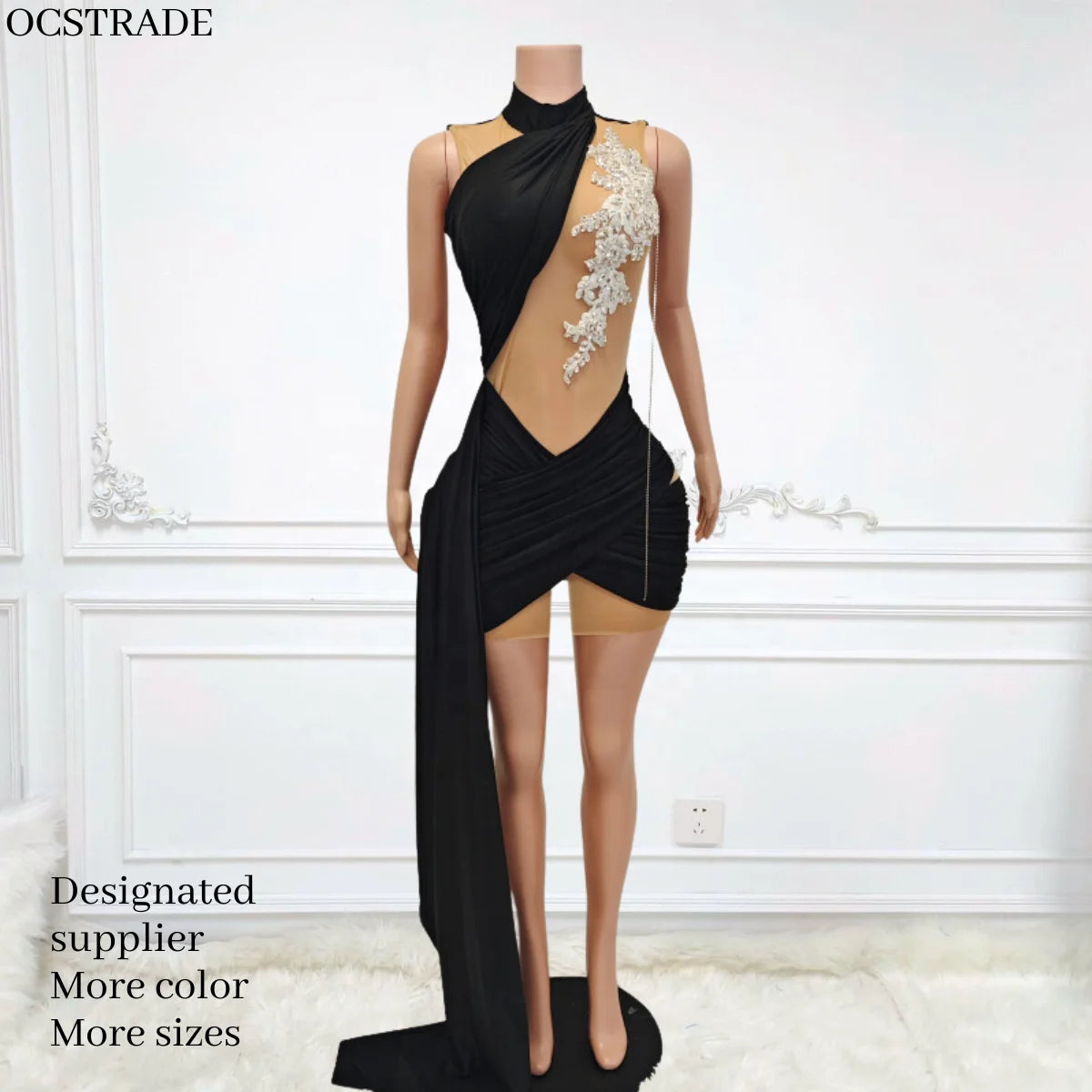 Ocstrade Sparkly Rhinestone Applique Party Club Dresses Sleeveless Sheer Mesh Mini Sexy Dress for Women Party Club Night