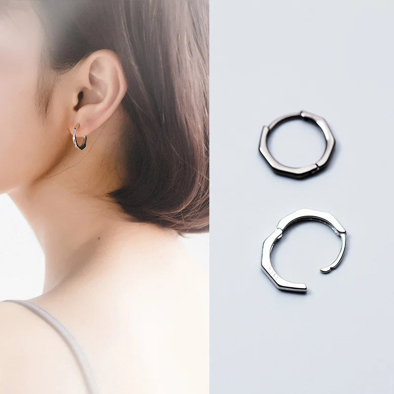 Trendy Hip Hop Ear Rings Earings Small Geometric Shape Black 925 Sterling Silver Hoop Earrings Fine Jewelry for Women Men