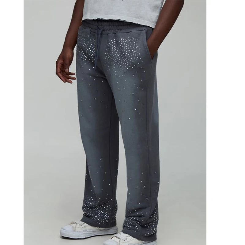 Custom Streetwear Men Casual Rhinestone Pants for Men Wash Rhinestone Cotton Sweatpants Manufacturer