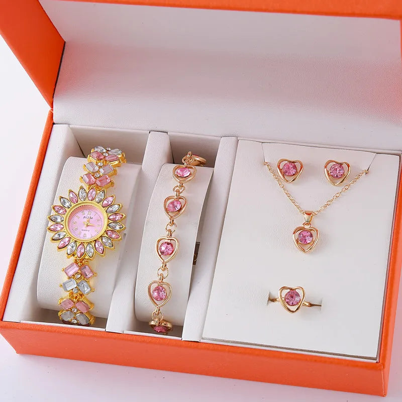 2025 Hot Luxury 5PCS Watch Gift  Set Women's Quartz Watches Fashionable Leaf Watch and Jewelry Set for Ladies